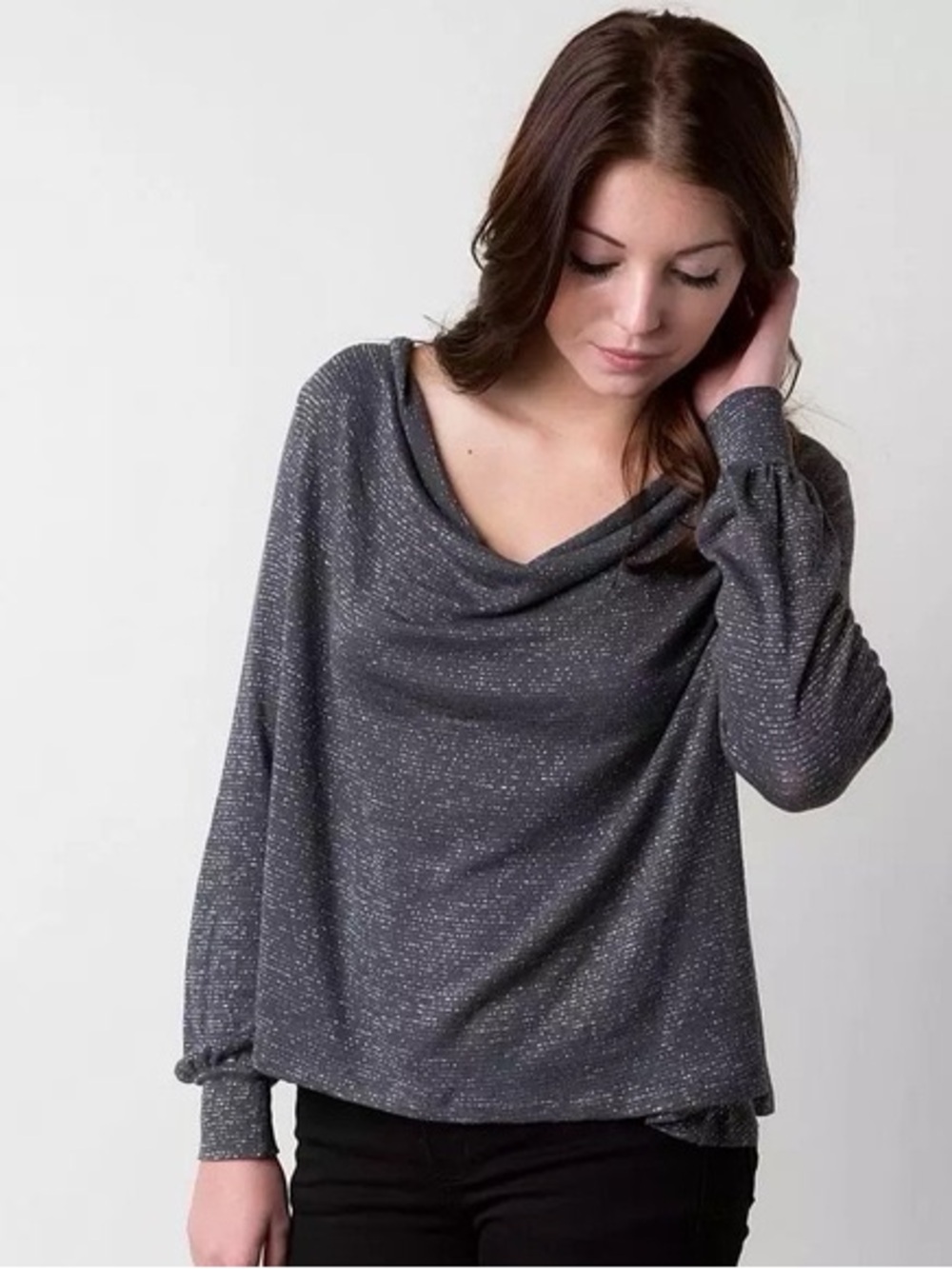 Free People Metallic Shimmer Cowl Neck Top Draped Party Knit Blouse Size S